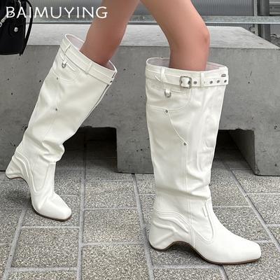 Высокие сапоги с острым носком на среднем каблуке, сексуальные кожаные туфли для женщин, тренд 2025 года, зимняя мода, новый бренд, удобные прогулочные ботинки челси для женщин