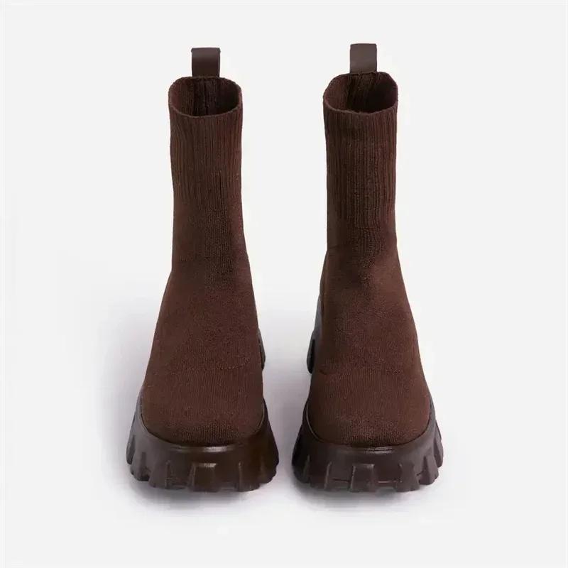 Fashion Women's Ankle Boots High Heels Square Heel Anti-slip Round Head Women Shoes Outdoor Leisure Daily Commute Socks Boots 2024 New