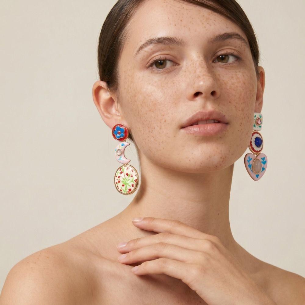 Creative Asymmetrical Enamel Dangle Earrings Flower Bohemian Dangle Earring Holiday