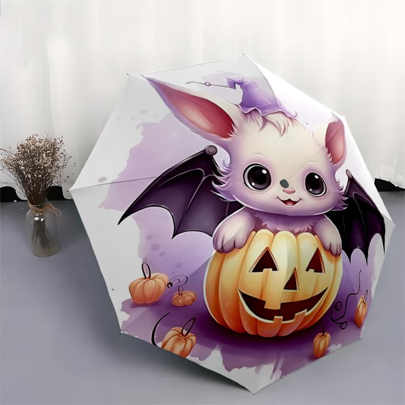 1pc Wizard Bat & Pumpkin Cute Design Durable Cartoon Folding Umbrella, Portable Compact Umbrella for Men and Women P103