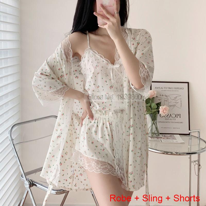 Ladies Pajama Set Summer Silk Kimono Robe Print Leopard Print 3 Piece Sleeping Set Camisole Shorts Lace Pajamas