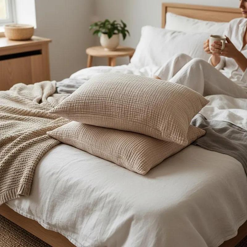 100% Cotton Muslin Throw Pillow Cover,2-Layer Gauze Pillowcase,Soft,Breathable,for Sofa, Bed,Home Decor Suitable for All Seasons