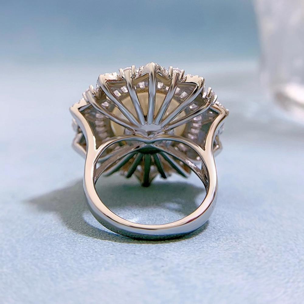 18k White Gold Pearl 14mm Faceted Gemstone Ring For Women Engagement Gift 925 Sterling Silver Luxury Jewelry