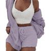 Winter Women Plush Sexy V-Neck Vest Shorts Long Sleeve Jacket Coat Set