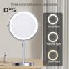 Зеркало для макияжа с подсветкой 3/5/10X, регулируемая высота и яркость, перезаряжаемое, двухстороннее увеличительное зеркало, 3 цвета, вращение на 360 градусов, светодиодный сенсорный экран