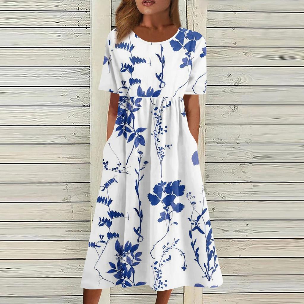 Женское струящееся платье миди в стиле бохо с цветочным принтом, повседневное свободное летнее платье с коротким рукавом для пляжного отдыха и карманами