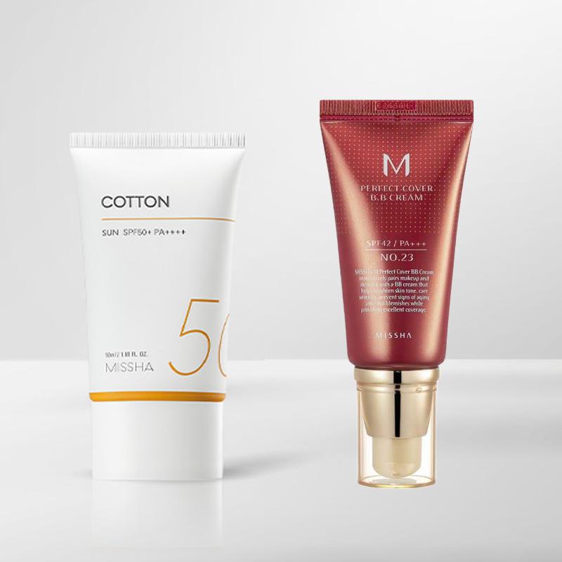 MISSHA Солнцезащитный крем Allaround Safe Block Cotton SPF50+/PA++++ с BB-кремом Missha Perfect Cover (6 вариантов)