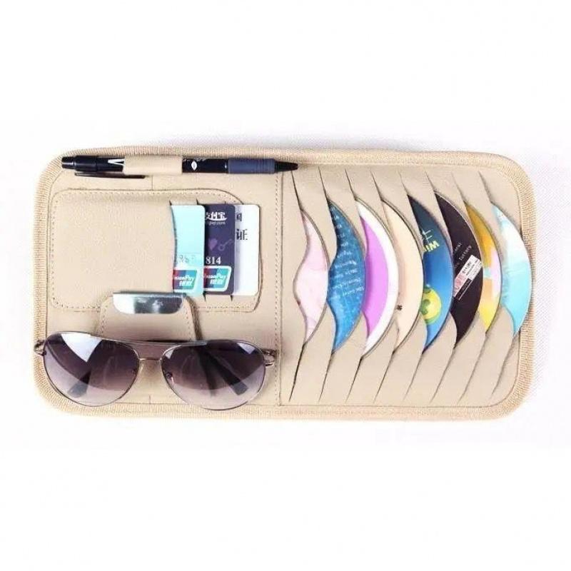 Car Sun Visor CD DVD Holder Bag Disc PU Leather Sunshade Sunglasse Pen Clips Card Storage Case Organizer Multi-Pocket Pouch Bag
