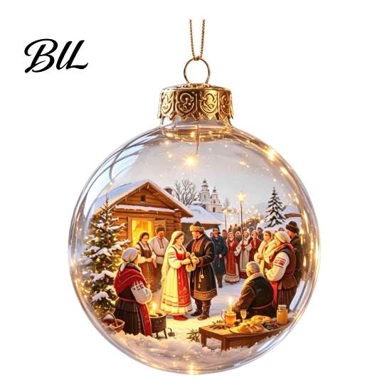 Indoor Outdoor Festive Decor Glowing Christmas Story Ornament, Light-Up 3D Hanging Ball with Warm LED, Mini Seasonal Home Decoration Supplies Holiday