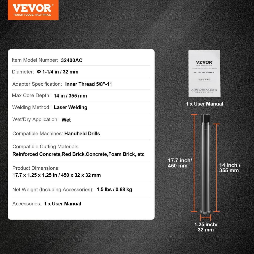 VEVOR Core Drill Bit, 1-1/4" Wet Diamond Core Drill Bits, 14" Drilling Depth Concrete Core Drill Bit, 5/8"-11 Inner Thread