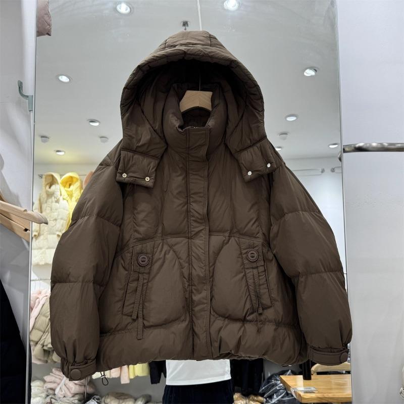Модная белая пуховая куртка с капюшоном и круглой пряжкой, женская короткая зимняя, новая, свободная, теплая, белая, из утиного пуха.