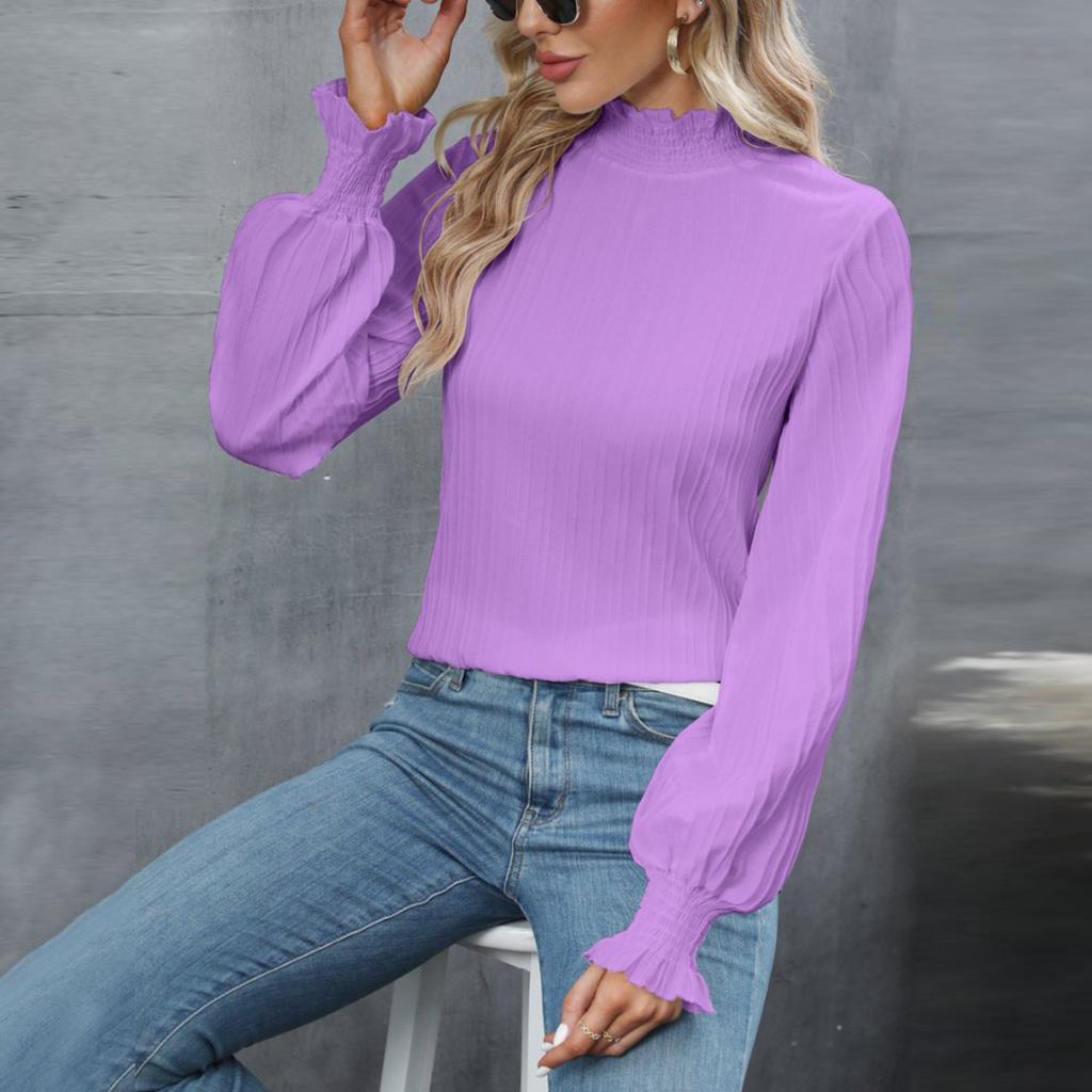Women's Fashionable Round Neck Long Sleeved Solid Color Loose Shirt Top