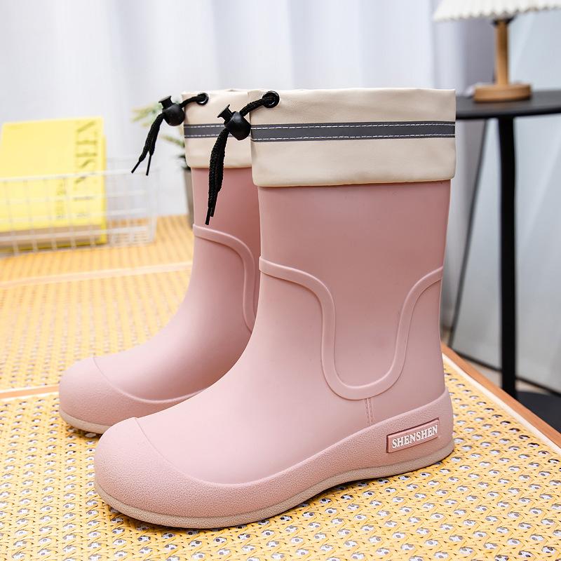 Fashion Women's Mid-Barrel Rain Boots Upgraded Thickened Drawstring Mouth Rain Boots Wear-Resistant Non-slip Comfortable Water Shoes Outdoor Rain Bo