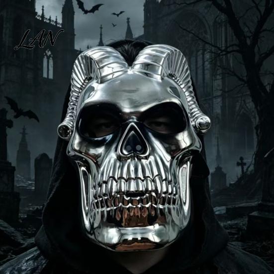 Halloween Skull Mask Mask, Silver Demon Ram Horn Face Realistic Horned for Party, Scary Headgear, Glossy Metallic Cosplay Prop Reflective