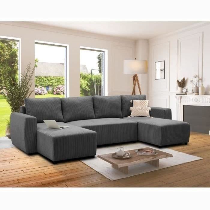 PHARELL 5/6 seater panoramic convertible sofa - Anthracite corduroy fabric - Storage box - L297xP155xH85cm