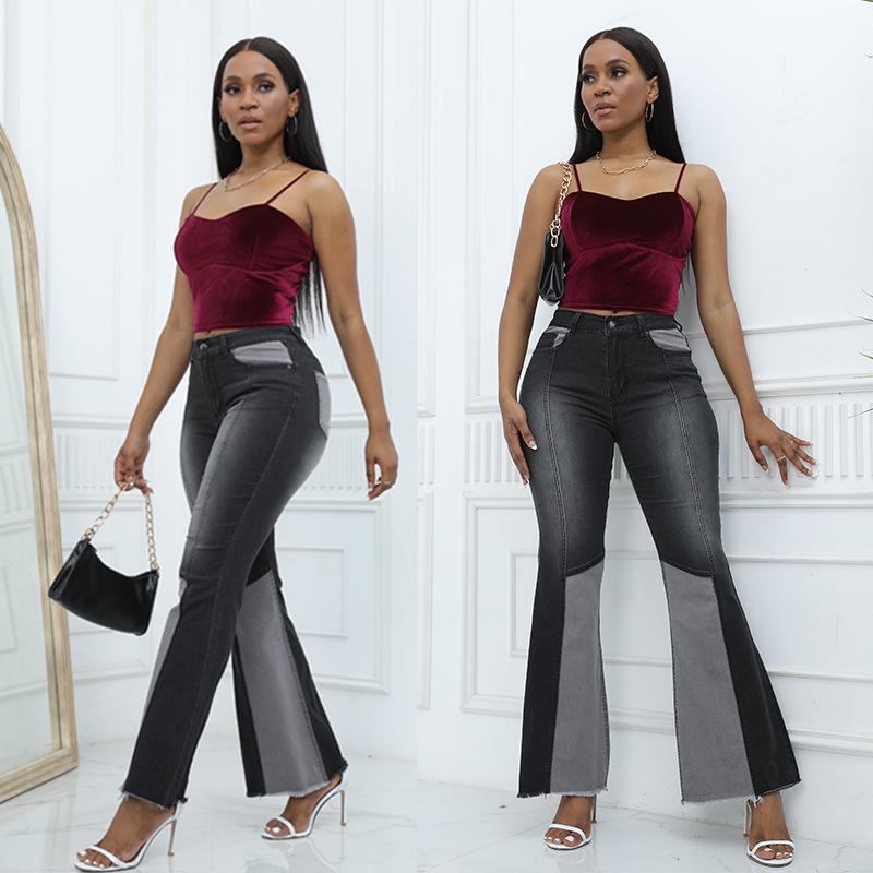 Autumn 2023 Women's European & American Color Block High Waist Flared Jeans