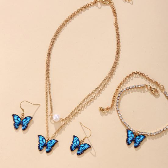 1 Set Dual Layers Butterflies Necklace Elegant Earrings Rhinestone Inlay Bracelet Jewelry Kit Accessories