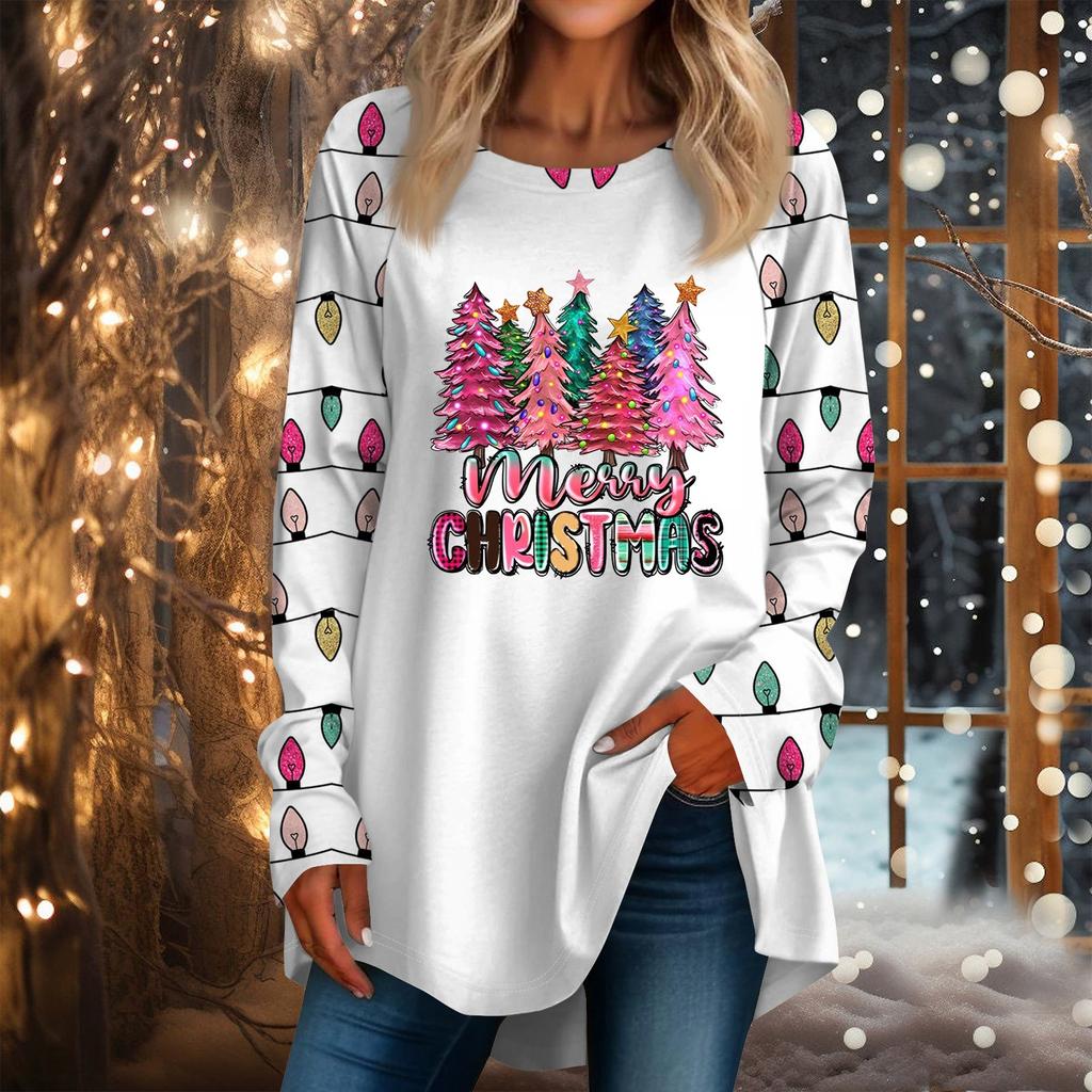 Женская повседневная футболка больших размеров с длинными рукавами и круглым вырезом с рождественским принтом, топ, пуловер