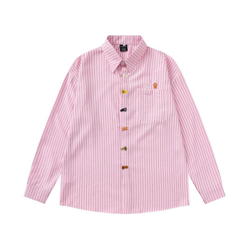 Japanese Vintage Plaid Shirt Small Paw Embroidery Loose Fit Long Sleeve Couples Men Women