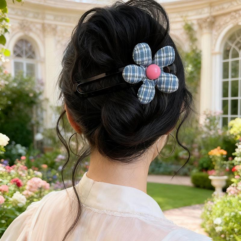 Korean Style Plaid Floral Duckbill Hair Clip – Large Size High-End Half-Up Hair Accessory
