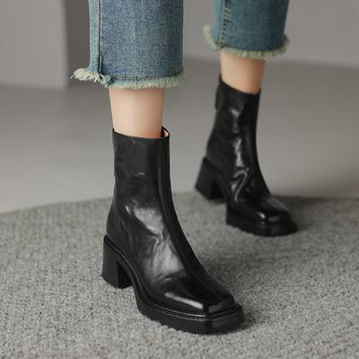 Французские ретро ботильоны на толстом каблуке женские 2024 осень и зима новые квадратный носок высокий каблук ботинки облегающие ботинки Мартин одинарные ботинки