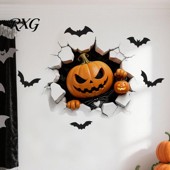 Bat Wall Stickers for Halloween Stickers, 3D Broken Effect with Ghost Skeleton Pumpkin Decals, Self-Adhesive Waterproof Decor Mural Living Room
