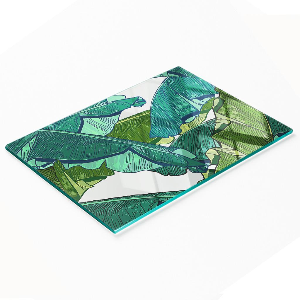 Decorative Glass Chopping and Serving Board with Banana Leaves 80x52 cm