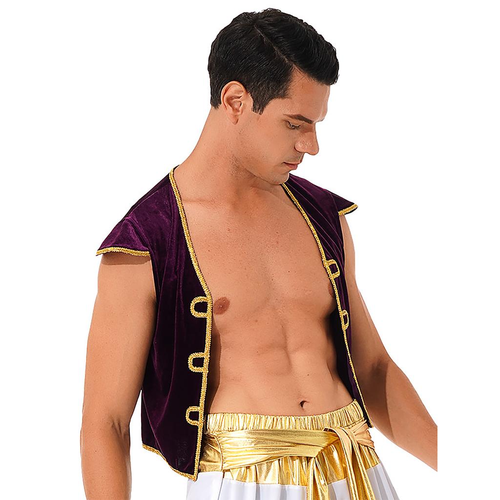 Mens Arabian Prince Costume Cap Sleeve V Neckline Braided Trimming Vest Waistcoat Halloween Cosplay Dress Up