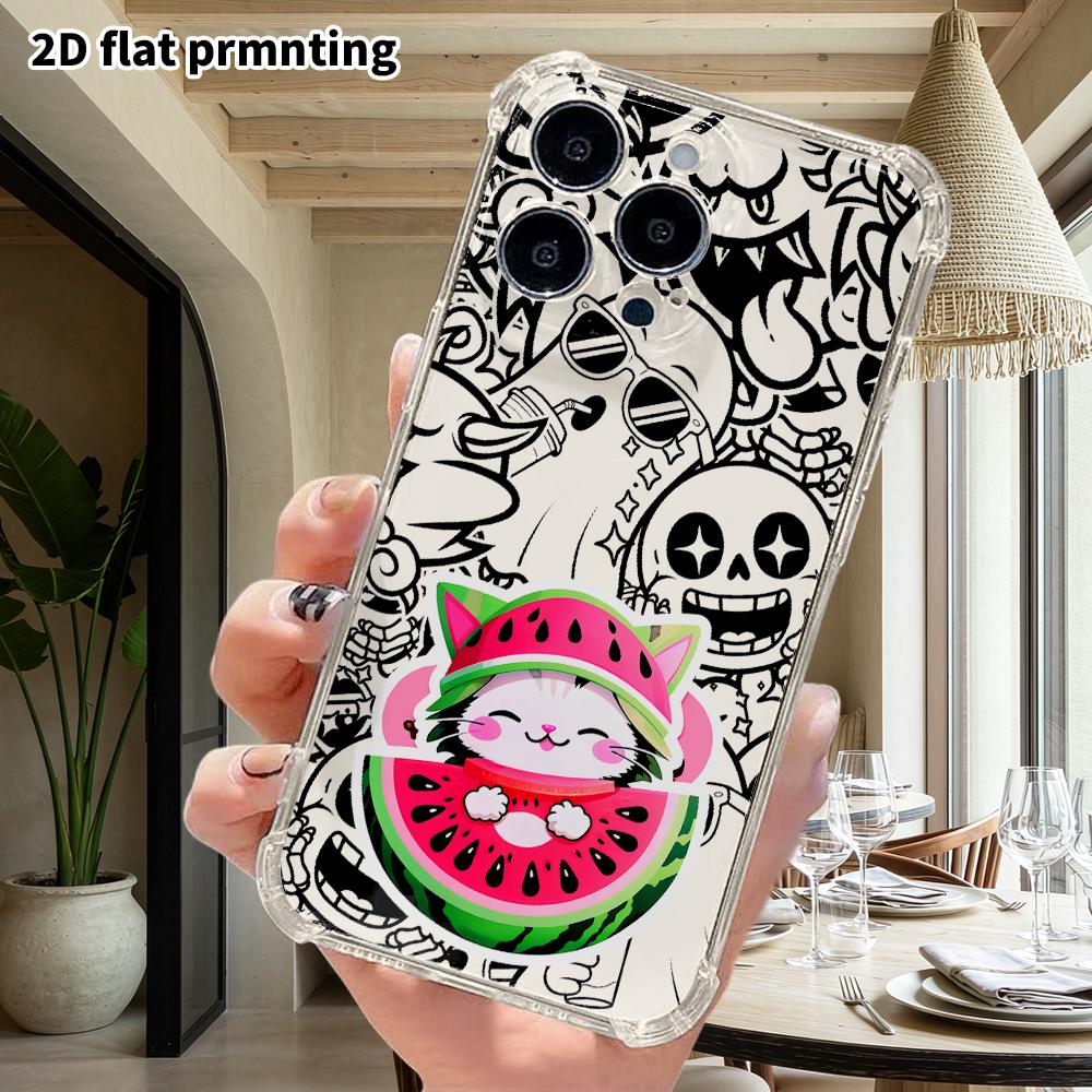Phone case: 2D flat design, suitable for iPhone 18 17 16 15 14 13 Pro protective case, watermelon cat, perfect Christmas and Halloween holiday gift