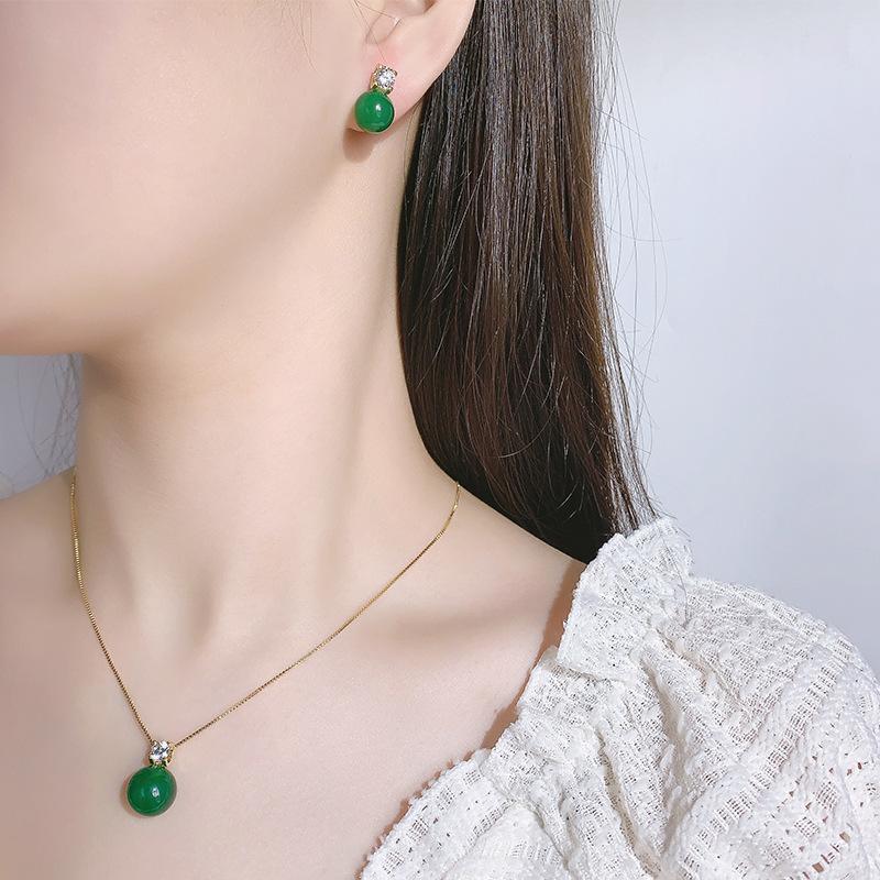 Комплект украшений на осень и зиму, имитация натурального халцедона, цепочка на ключицу, императорский зеленый, серебряные серьги-иглы S925, элитные, легкие, роскошные, для женщин