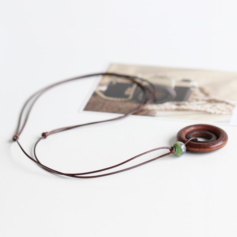 Деревянное Круглое Кольцо Подвеска Ожерелье Регулируемая Длинная Цепочка для Свитера Винтажное Ручной Работы Ожерелье-Ошейник Заявление Ювелирное Изделие