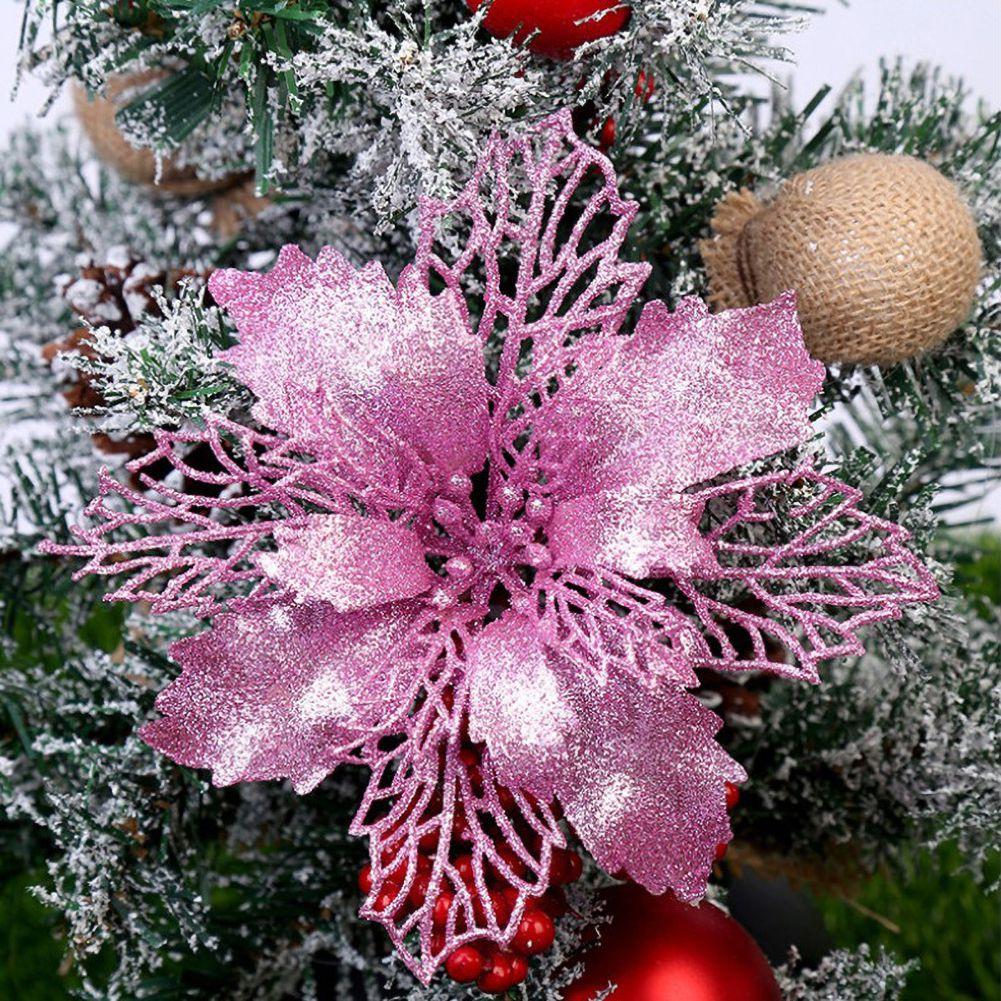 10pcs/set Christmas Glitter Flower 10cm Gold Silver Red Artificial Floral Head Xmas Tree Decoration Home New Year Navidad Gifts