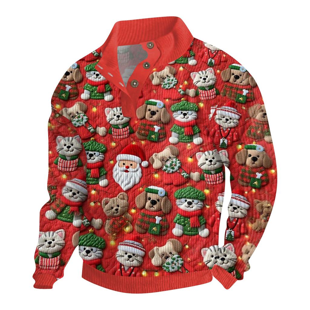 Men's Christmas Cotton Pullover Long Sleeve Outdoor Shirt Vintage Corduroy Button Stand Collar Shirt Casual Sweatshirt Christmas Print Top