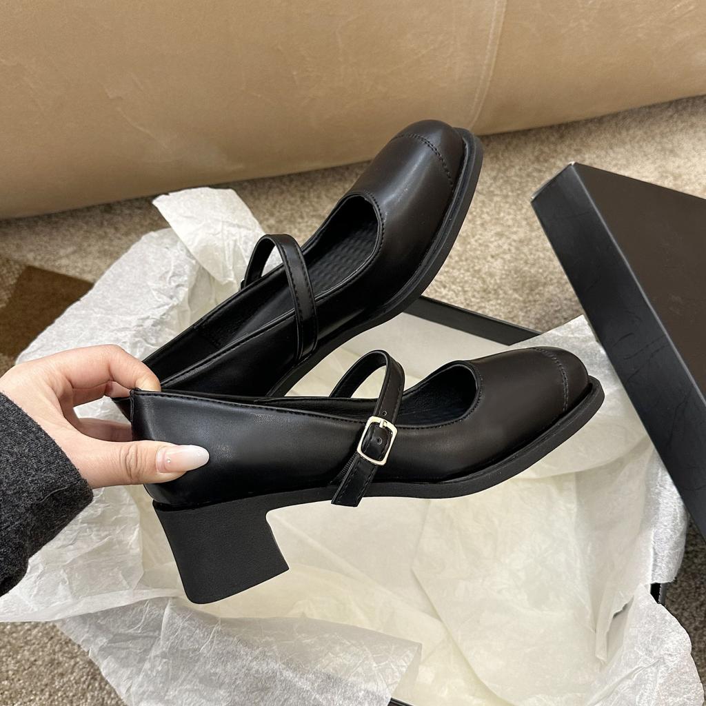 Мягкая кожа с туфлями Мэри Джейн женский толстый каблук черный средний каблук маленькие кожаные туфли квадратный носок одинарные туфли