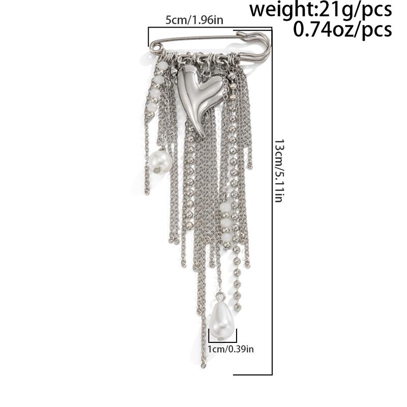 Fashion Heart Chain Tassel Brooch for Women Exaggerated Imitation Baroque Pearl Multi Layer Suit Pin Multi-Functional Jewelry