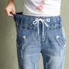 Джинсовые шорты большого размера для девочек, весенние эластичные свободные рваные брюки с высокой талией и широкими штанинами