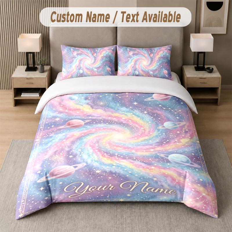 Space Cosmic Theme Custom Text Or Name 3Pcs Bedding Set 1 Flat Sheet & 2 Pillowcases Personalized Home Bedding