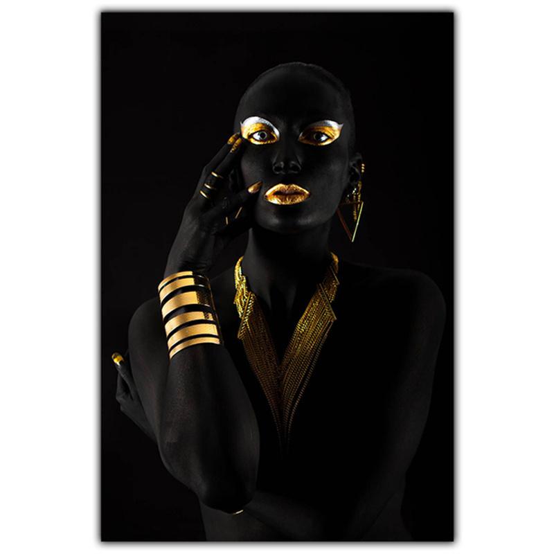Gold Necklace African Woman Canvas Painting Figure Art Posters and Prints Black Women Wall Art Pictures for Living Room Decor