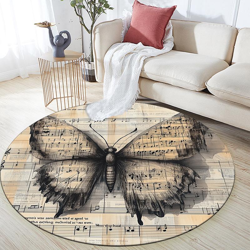 Vintage Butterfly Sheet Music,Round Area Rug,Carpet Rug for Living Room Bedroom Sofa Playroom Decor,Non-slip Floor Mat