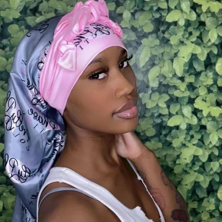 Black Satin Long Hair Bonnet with Head Wrap Long Tie Edge Band Silk Bonnet Night Sleep Hat for Braid