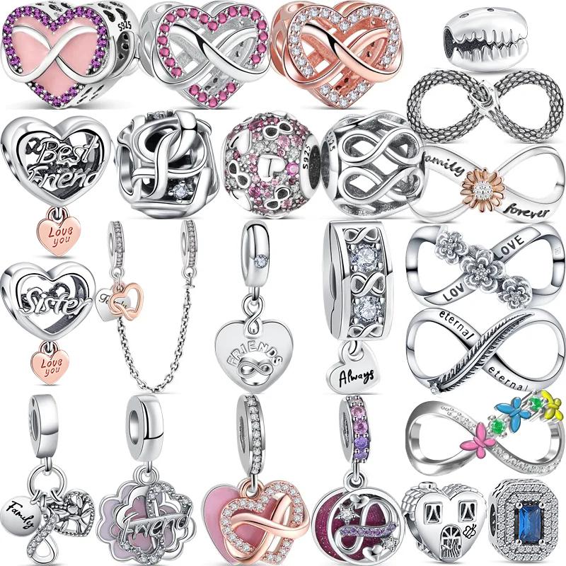 100% 925 Sterling Silver Infinite Eternity Style Love Family Friend Shiny Beads Fit Original Charms Bracelet DIY Jewelry