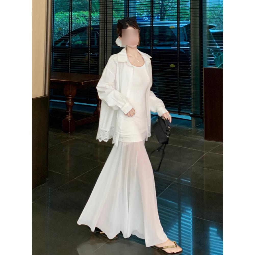 Летняя новая белая длинная юбка Богемная юбка для отпуска Огромное красивое платье на подтяжках женская высококлассная элегантность