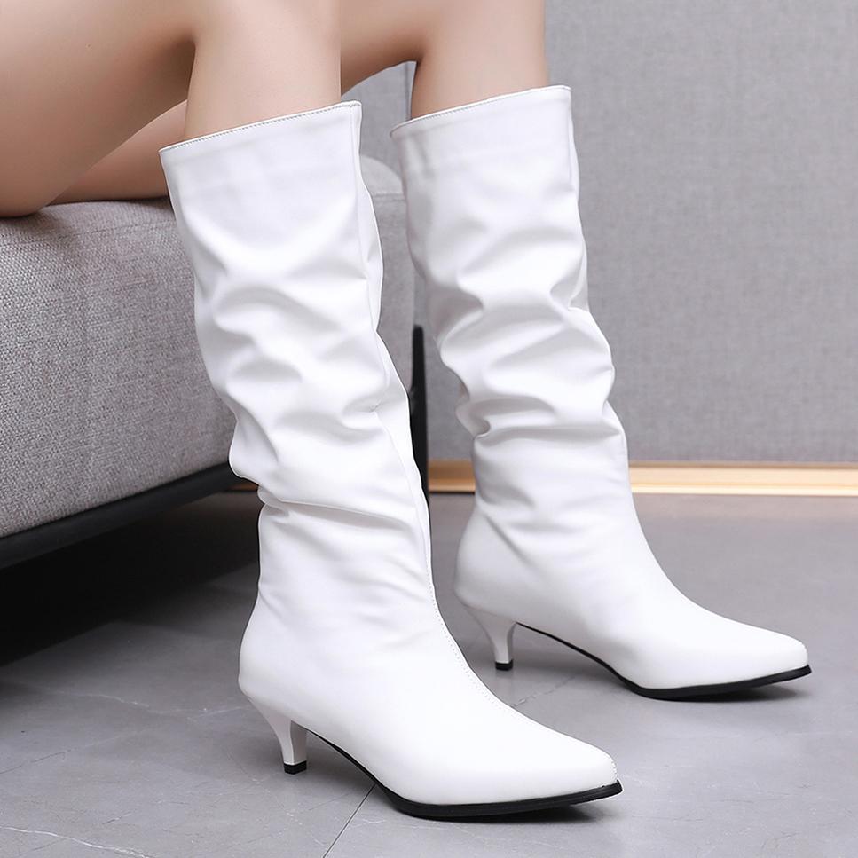 Fashion Sexy Women Pleated Half Boots Pointed Toe 5CM Stilettos Heels Slip on White Women's Mid-Calf Boots Womens Shoes 41 44 Dropshipp