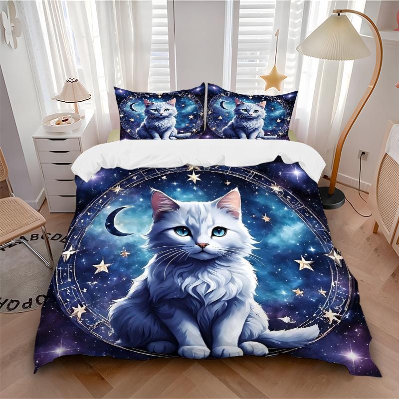 3pcs Starry Cat Design Bedding Set - Includes Quilt Cover and Pillowcases, Suitable for All Seasons M094