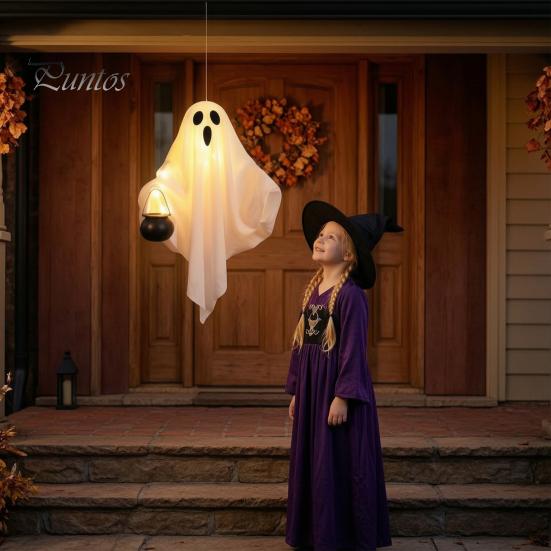 Halloween Tree Hanging Accessories Ghost with LED Lights, Spooky White Gauze Glowing Ornament, Unique Gift Ideas Flexible Figures for Outdoor