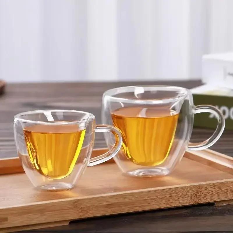 Heart Love Shape Glass Cup Double Wall Coffee Mug with Handle Anti-scald Heart Drinking Tea Milk Juice Water Cup Lover Gift