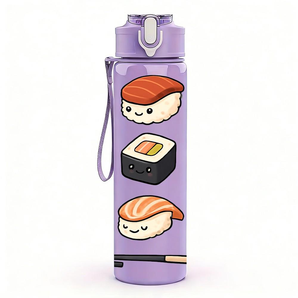 1PC Sushi Roll Food Assortment Print 750ml Color Plastic Sports Water Bottle Leakproof Flip Straw Lid Suitable for Sports Office Home Use
