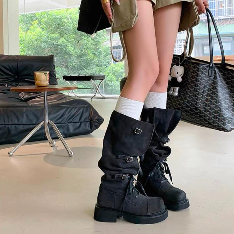 Мода Новый Стиль Женские Широкие Трубчатые Ботинки на Высоком Каблуке со Шнуровкой спереди Женские Ботинки Одинарные с Мягкой Подошвой, Защищающие от Износа, с Круглым Носком из Замши и Металлической Пряжкой-Ремнем