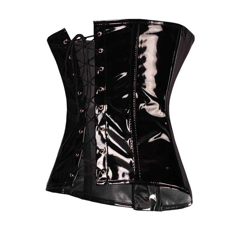Black PVC Vinyl Corset Top Underbust Push Up Boned Bustier Goth Punk Korsett For Women Front Busk Gorset Plus Size Korse Sexy