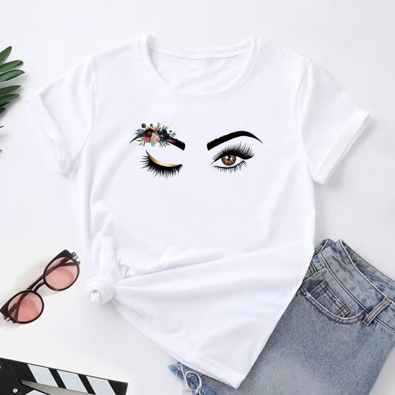 (Asian Size) Women Print Tee Top Fashion Eye Lashes Style Cute Trend 90s T Shirt Woman Female Clothing Short Sleeve Graphic T-shirts